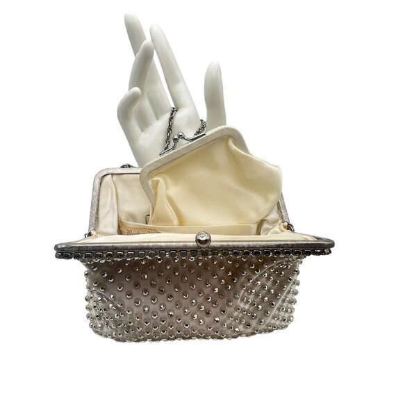 West Germany White Satin Rhinestone Beaded Purse With Change Purse Kiss Lock VTG - Picture 4 of 16